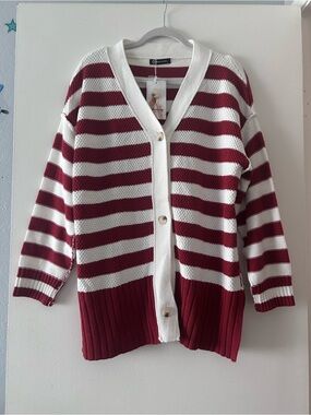 PrettyGarden Striped V-Neck Button Cardigan Sweater - Wine & White